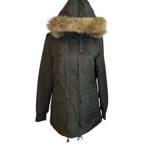 Levi’s Hunter Green Faux Fur Hooded Drawstring Waist Parka Barn Coat M